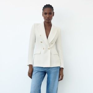Zara Double Breasted Lapel Collar Blazer Ivory White with Gold Buttons Size XS